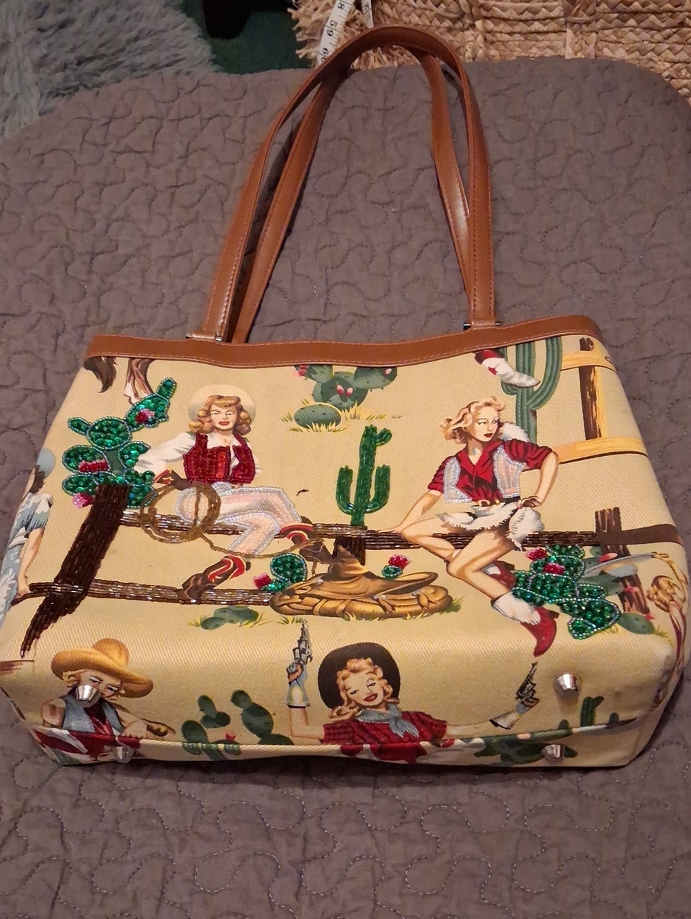 Vintage Isabella Flori Beaded Cowgirl Print Tote Bag in Cream  and Brown Denim